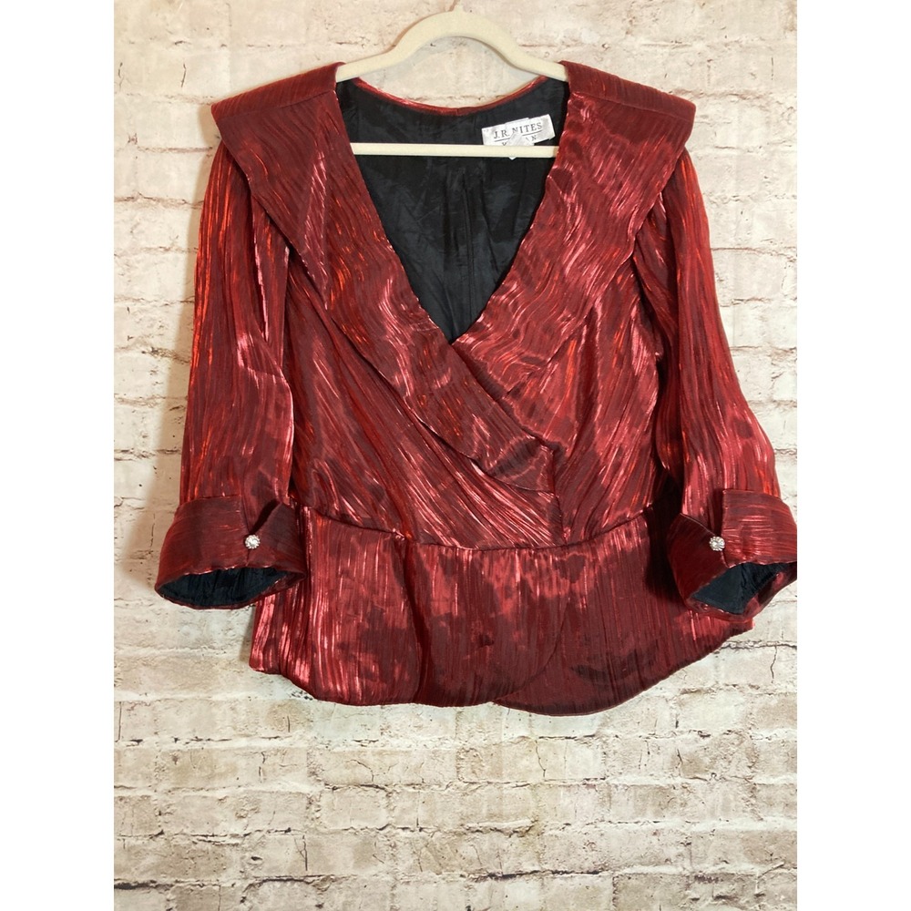 Vintage J.R. Nites Top Womens 16W Deep Red Satin Shimmer Jewel Detail Party Plus